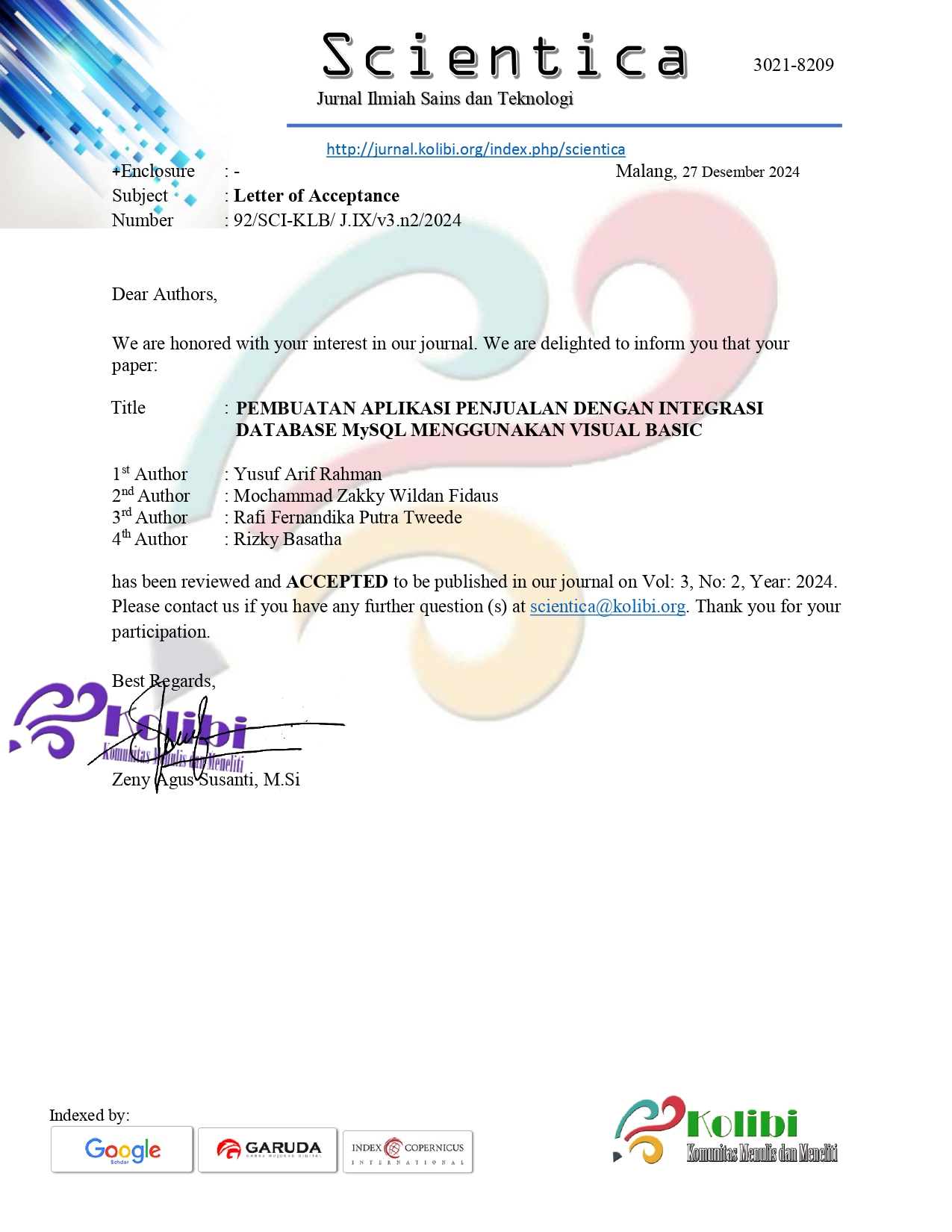 Letter of Acceptance for Heart Disease Prediction Paper